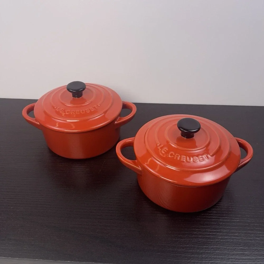 Le Creuset 2X Mini Round Cocotte 8 oz Cerise Stoneware Set of 2 w/Lids New Red